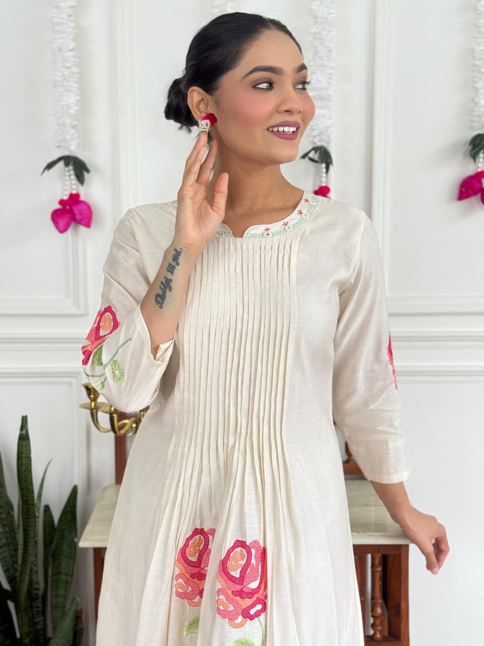 White Floral Russian Silk Suit Set