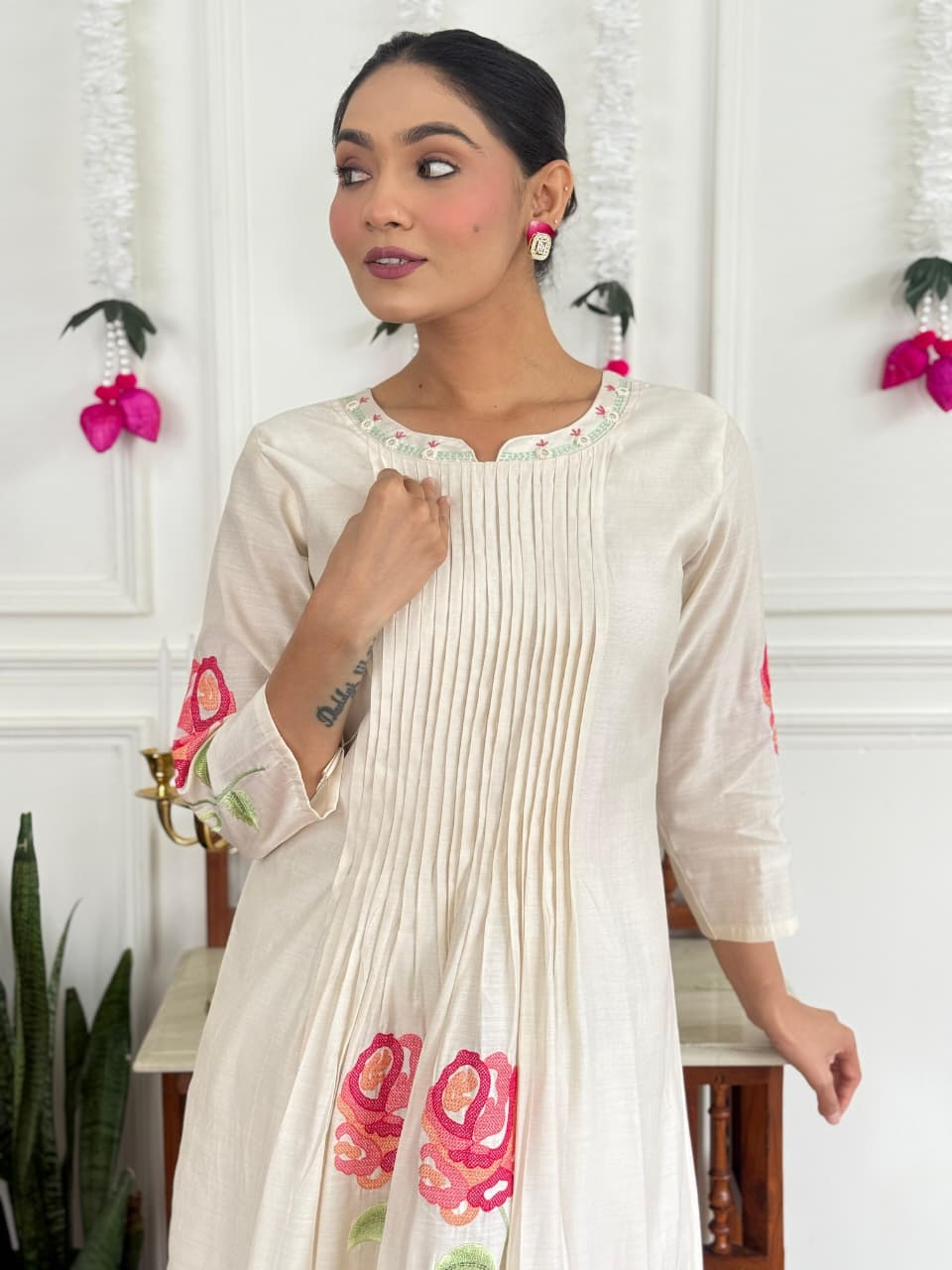 White Floral Russian Silk Suit Set