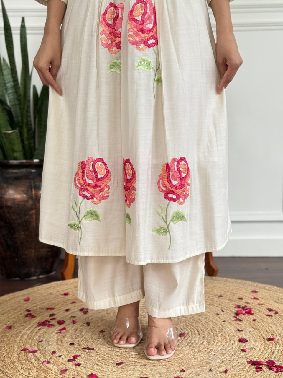 White Floral Russian Silk Suit Set