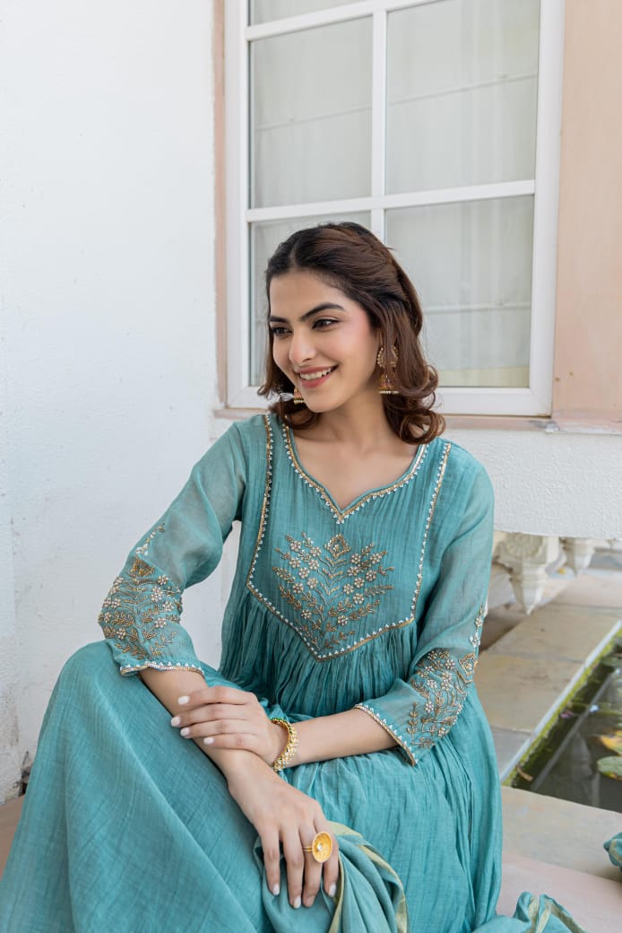 Teal Blue Mul Chanderi Hand Work Anarkali Suit