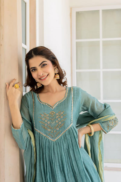 Teal Blue Mul Chanderi Hand Work Anarkali Suit