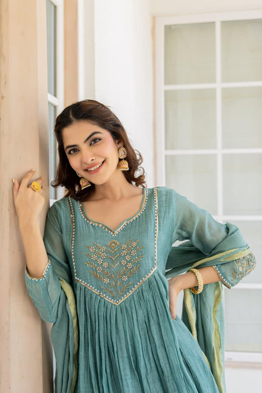 Teal Blue Mul Chanderi Hand Work Anarkali Suit