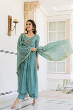 Teal Blue Mul Chanderi Hand Work Anarkali Suit
