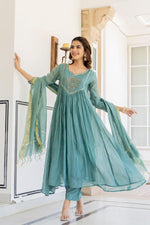 Teal Blue Mul Chanderi Hand Work Anarkali Suit