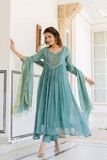 Teal Blue Mul Chanderi Hand Work Anarkali Suit