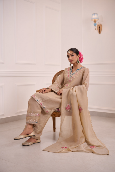 Beige Tissue Silk Embroidered Kurta Palazzo Suit Set