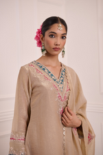 Beige Tissue Silk Embroidered Kurta Palazzo Suit Set