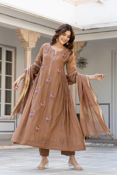 Brown Mul Cotton Hand Work Embroidered Kurta Suit Set