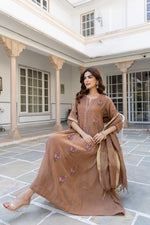 Brown Mul Cotton Hand Work Embroidered Kurta Suit Set