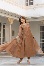 Brown Mul Cotton Hand Work Embroidered Kurta Suit Set