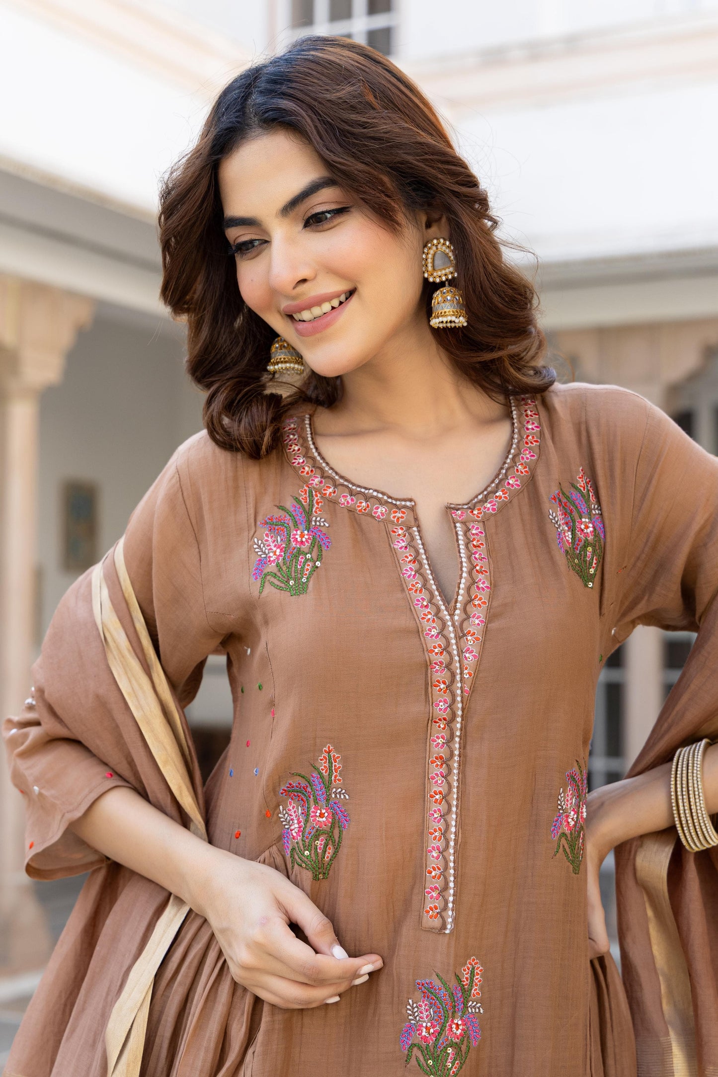Brown Mul Cotton Hand Work Embroidered Kurta Suit Set