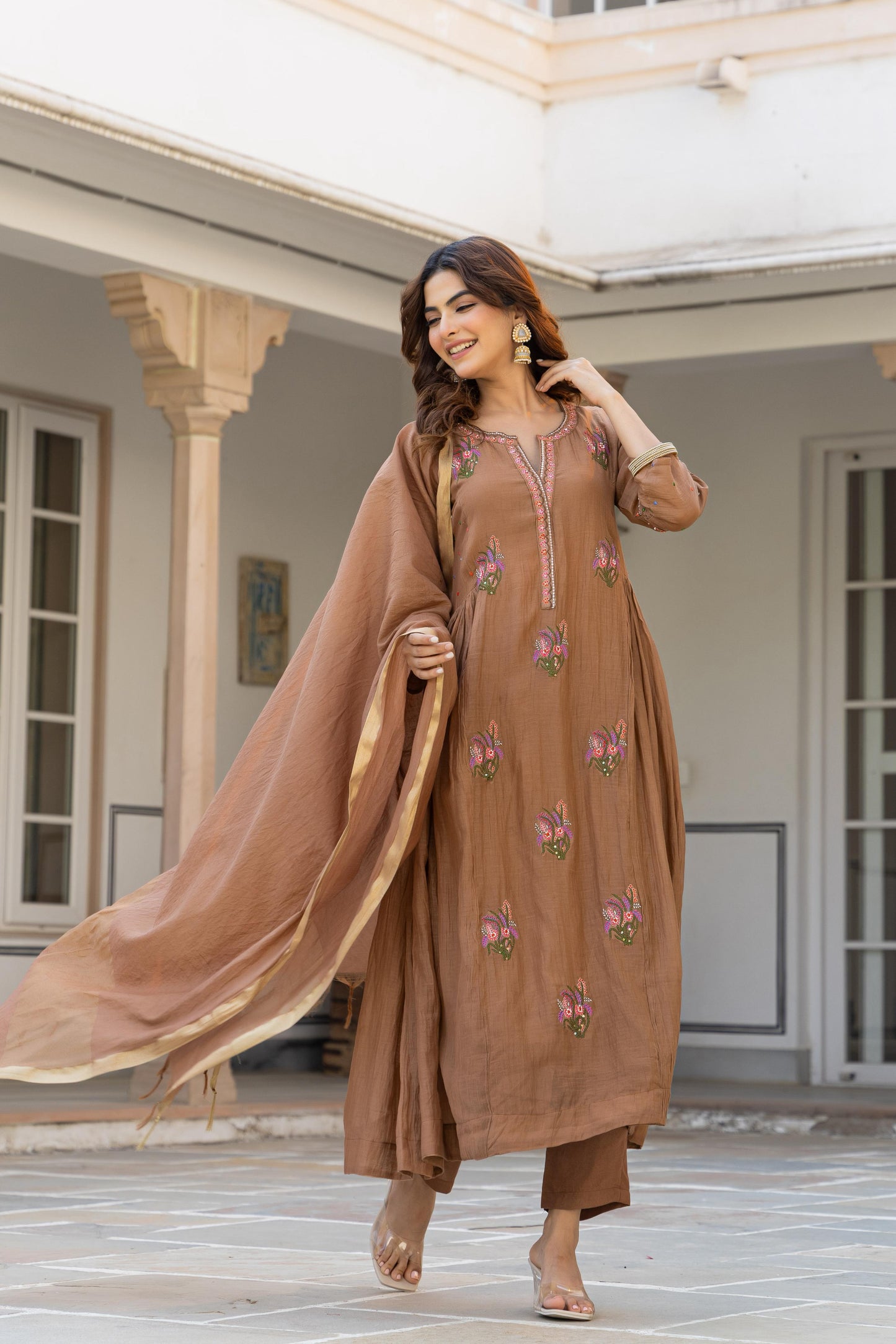 Brown Mul Cotton Hand Work Embroidered Kurta Suit Set