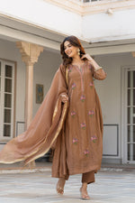 Brown Mul Cotton Hand Work Embroidered Kurta Suit Set