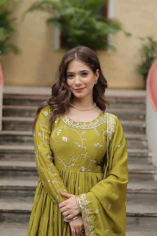 Parrot Green Chinon Sequins Embroidered Gown With Palazzo