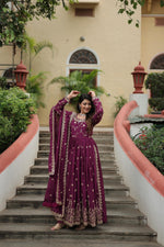 Wine Chinon Sequins Embroidered Gown With Palazzo