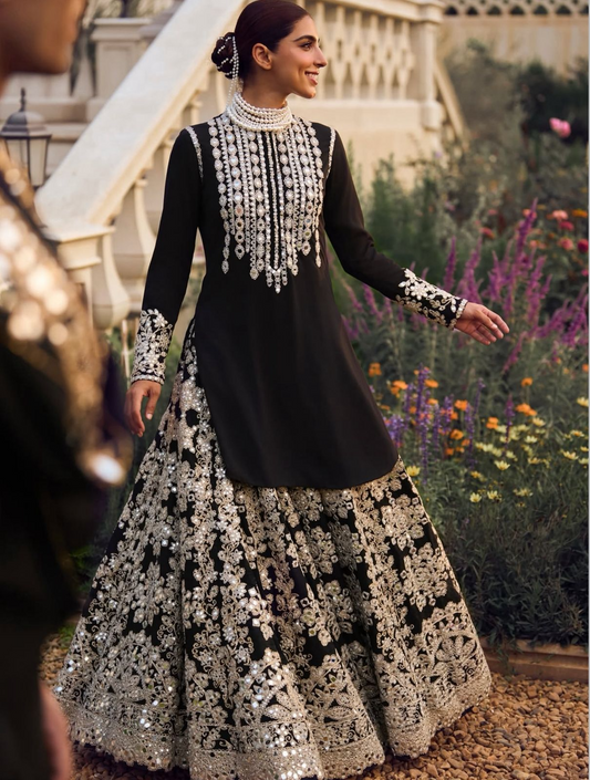 Black Chinon Sequencce Embroidered Lehenga