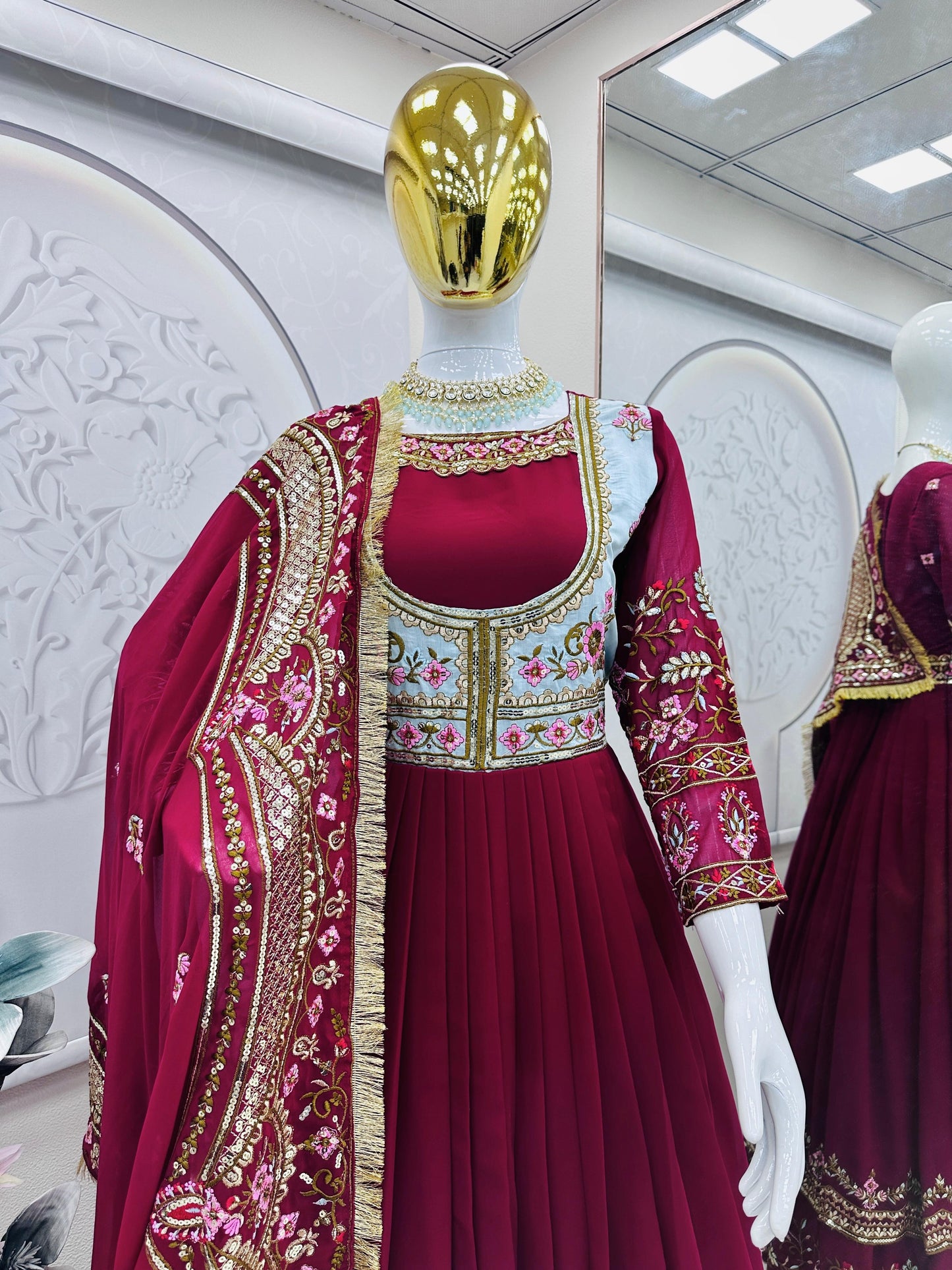 Red Georgette Thread & Sequence Embroidered Gown