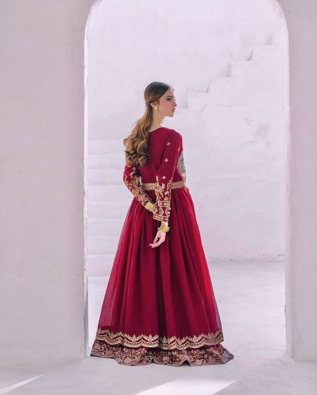 Red Georgette Thread & Sequence Embroidered Gown