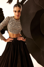Black Organza, Net Pearls, Persian Fleur Embroidered Blouse With Gathered Skirt