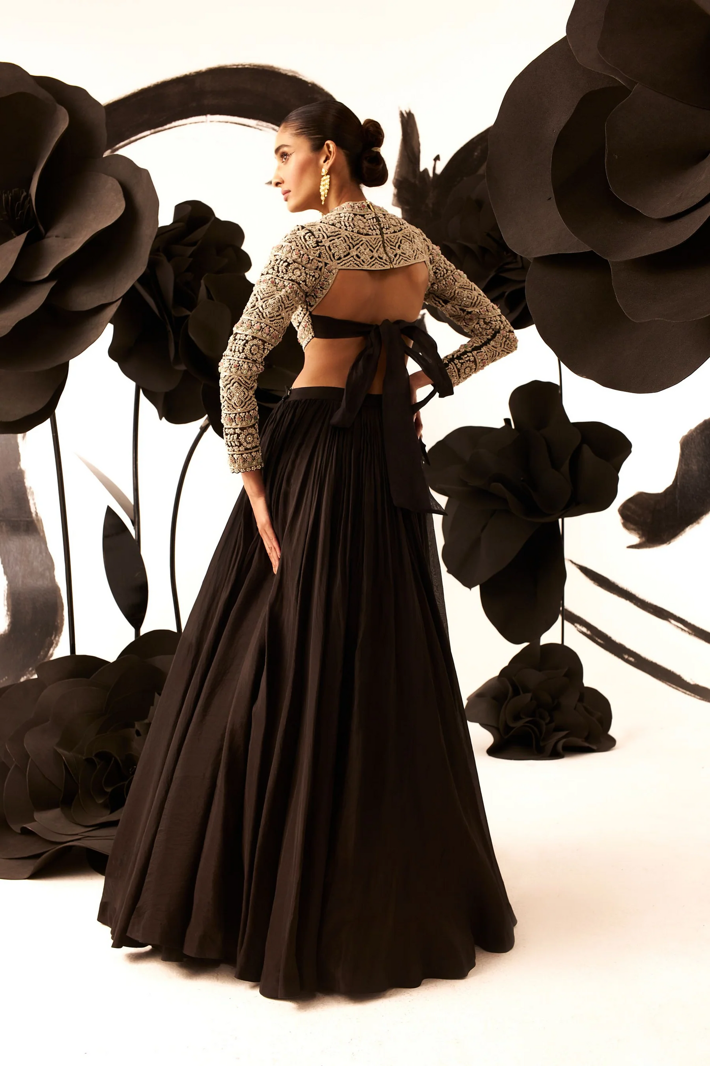 Black Organza, Net Pearls, Persian Fleur Embroidered Blouse With Gathered Skirt