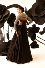 Black Organza, Net Pearls, Persian Fleur Embroidered Blouse With Gathered Skirt