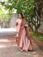 Pastel Pink Kanchi Cotton South Cultural Designed Kurta Pant & Dupatta