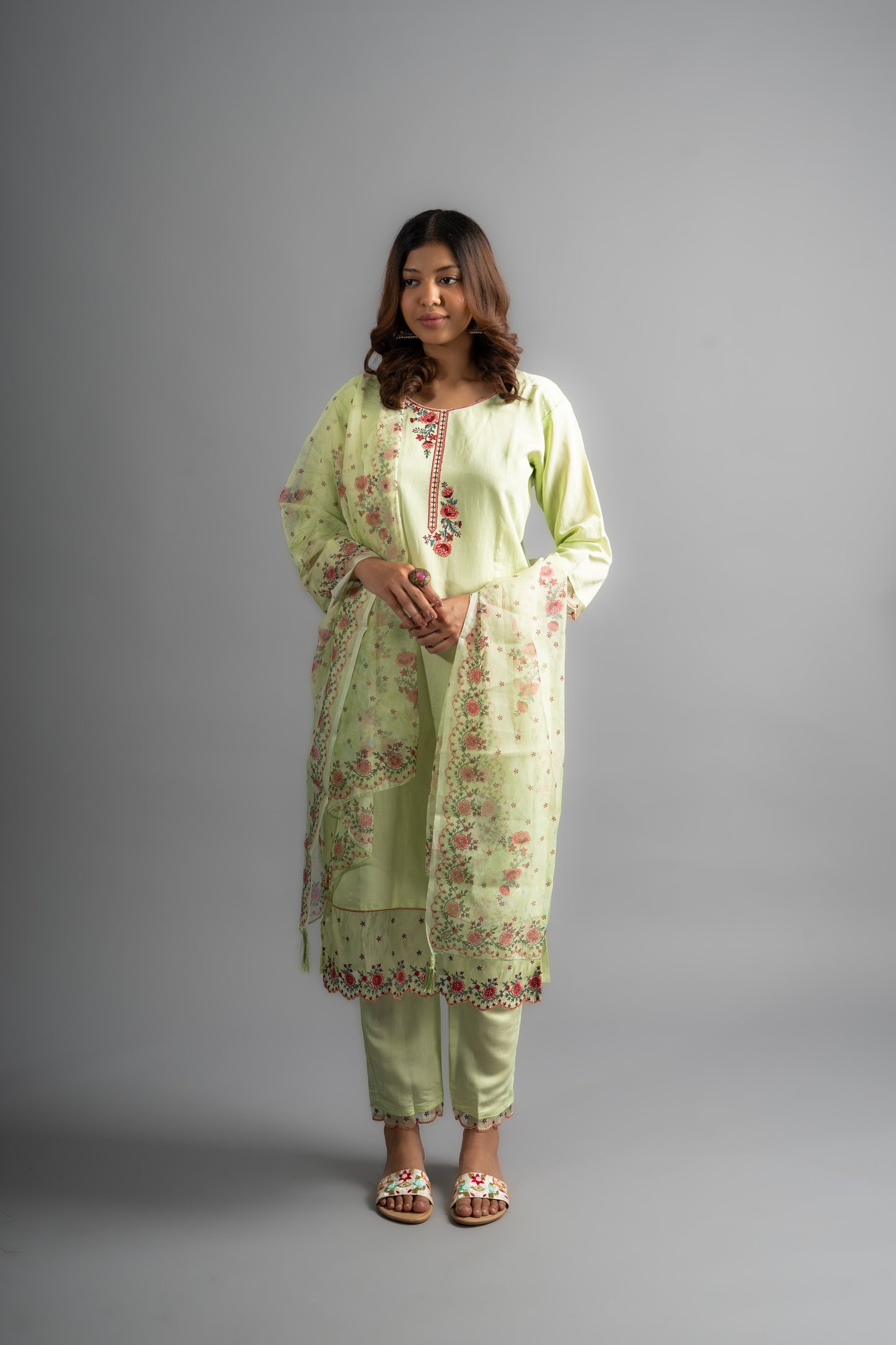 Matcha Green Silk Embroidered Kurta Pants And Dupatta (Set of 3)