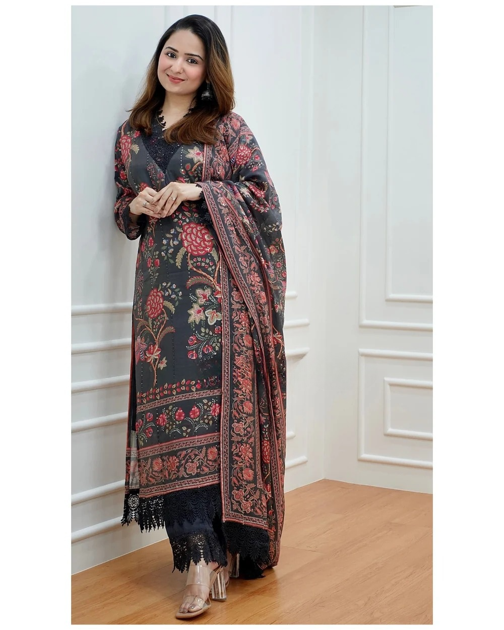 Pakistani Muslin Silk Printed Sequence Work Kuta Pant & Dupatta