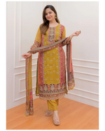 Mustard Muslin Silk Printed Sequence Work Kuta Pant & Dupatta