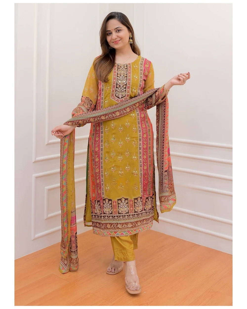 Mustard Muslin Silk Printed Sequence Work Kuta Pant & Dupatta