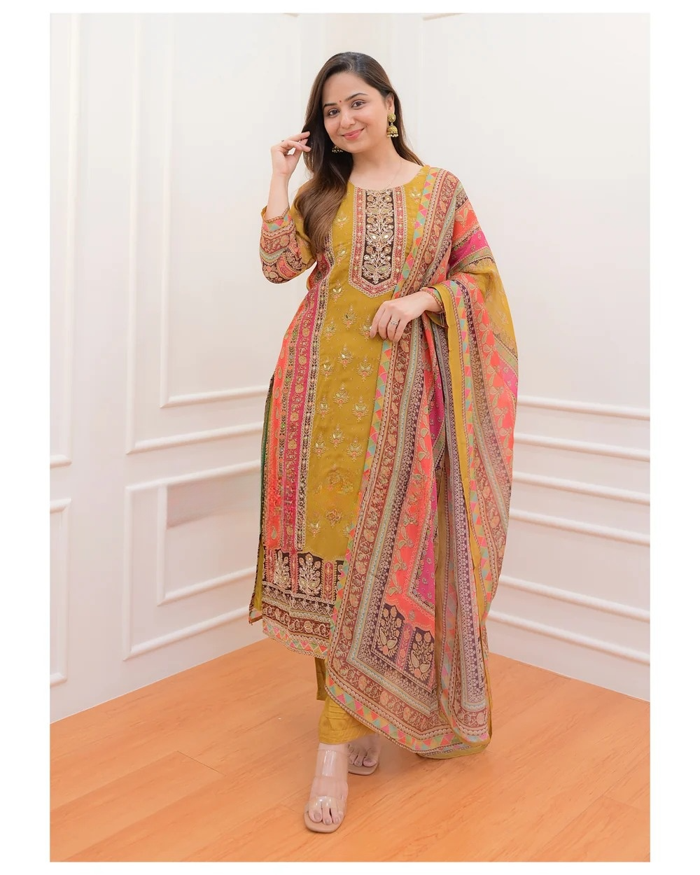 Mustard Muslin Silk Printed Sequence Work Kuta Pant & Dupatta