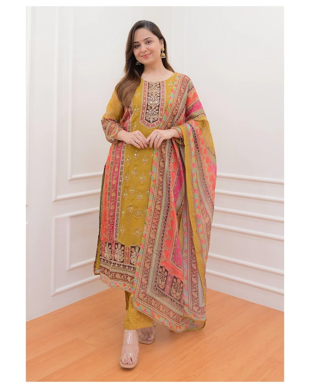 Mustard Muslin Silk Printed Sequence Work Kuta Pant & Dupatta