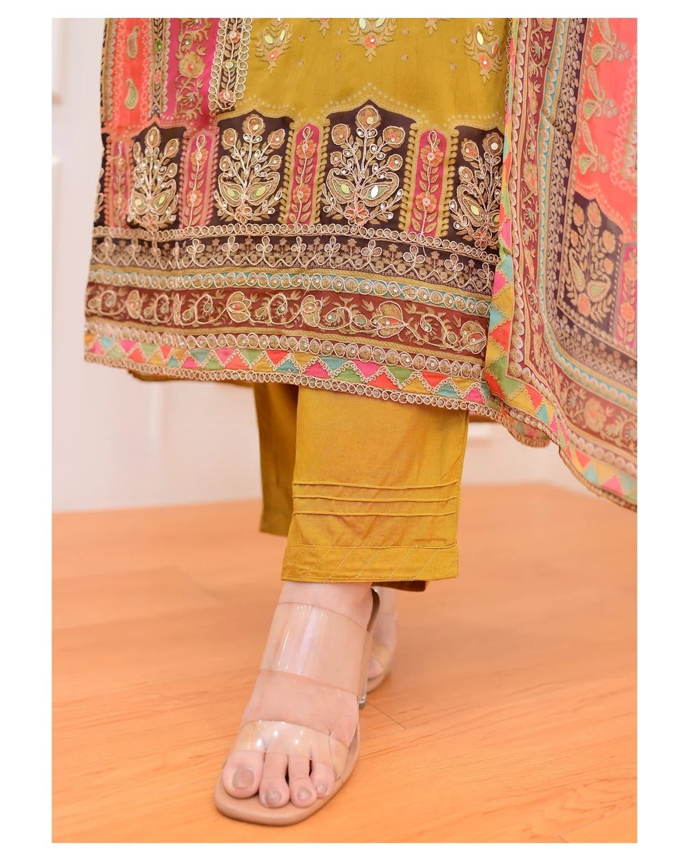 Mustard Muslin Silk Printed Sequence Work Kuta Pant & Dupatta