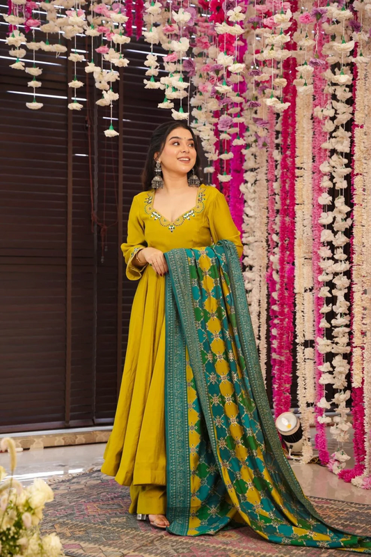 Yellow Chanderi Silk Sequence Embroidered Anarkali Suit