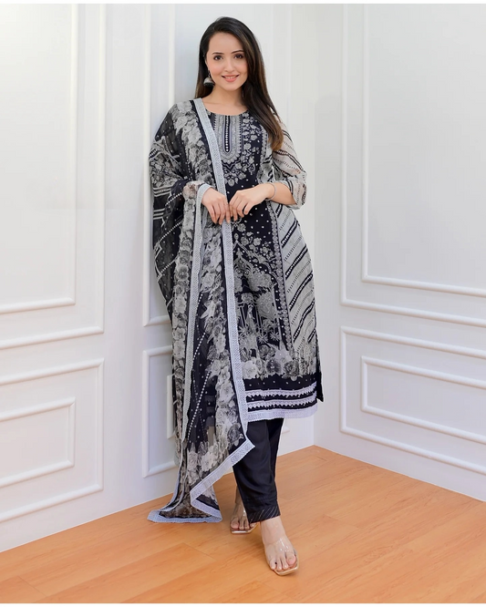 Grey Black Muslin Silk Printed Sequence Work Kuta Pant & Dupatta