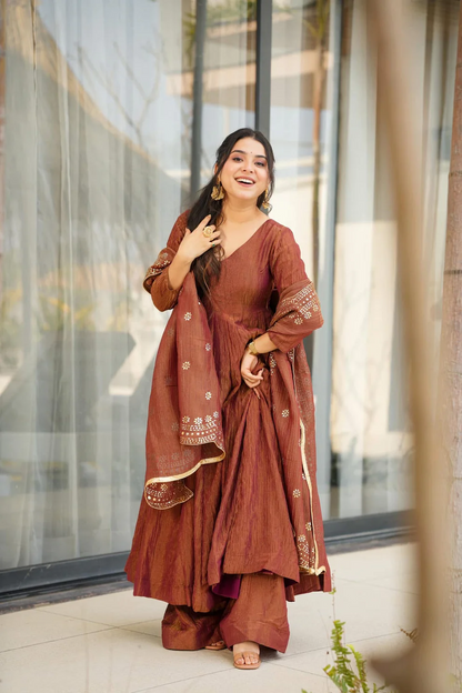 Rust Orange Shimmer Silk Embroidered Anarkali Suit
