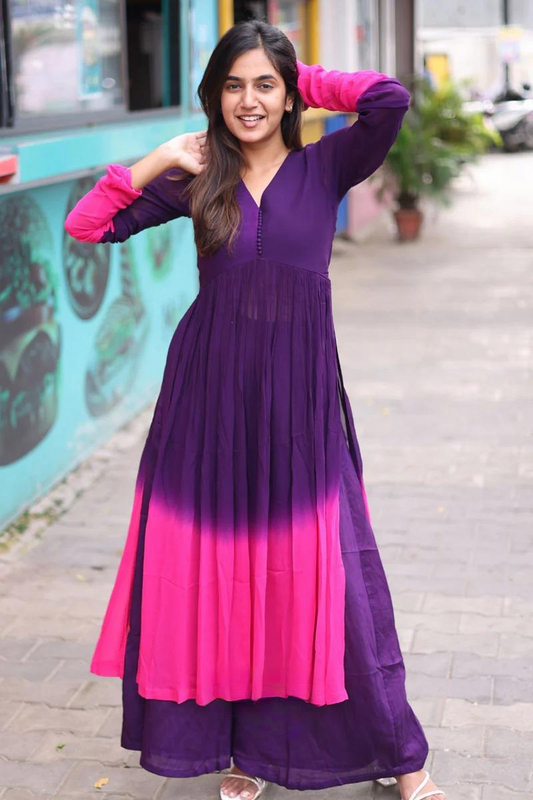 Purple Pink Ombre Chanderi Kurta Set