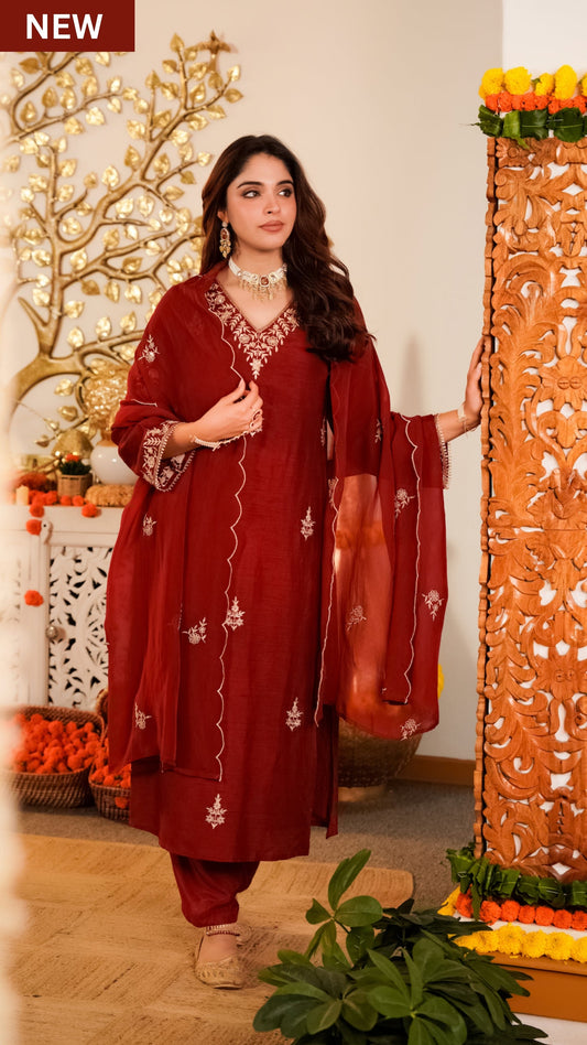 Crimson Pure Russian Silk Suit Set
