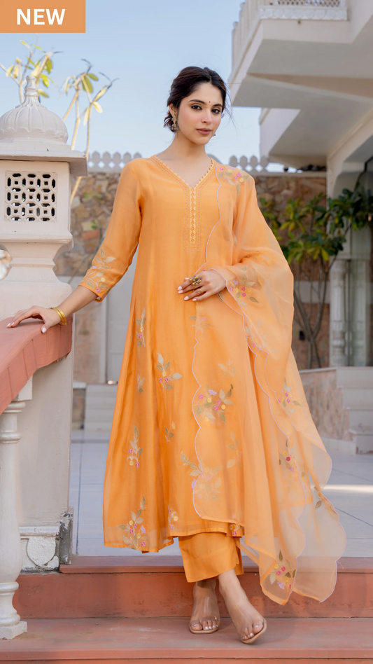 Coral Flame Mul Chanderi Embroidered Suit