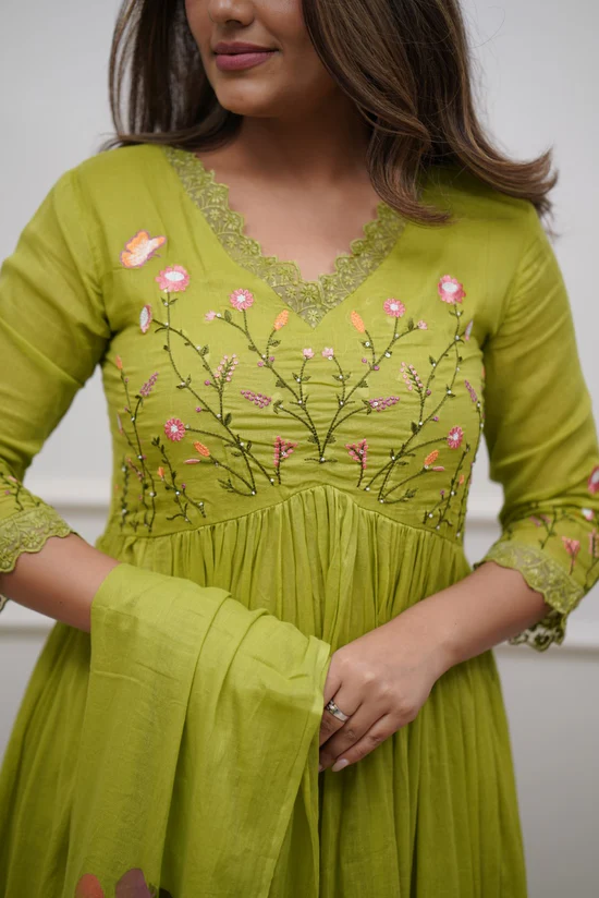 Cotton Embroidered Kurta Pant & Mulmul Dupatta