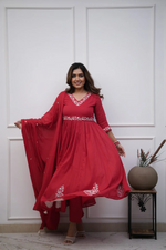 Red Cotton Embroidered Kurta Pant & Mulmul Dupatta