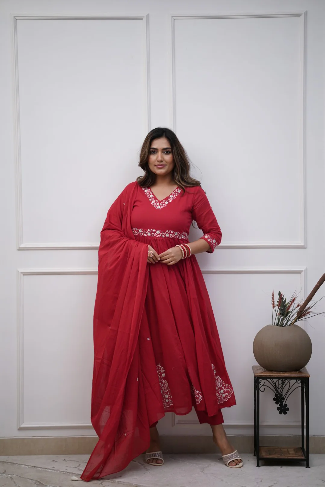 Red Cotton Embroidered Kurta Pant & Mulmul Dupatta