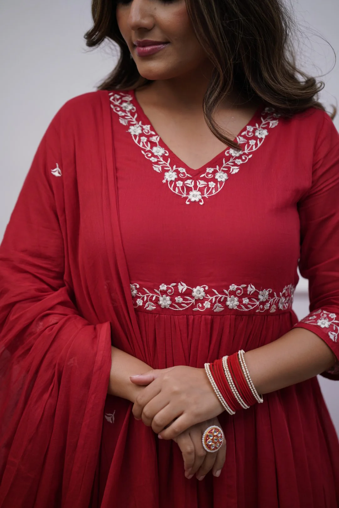 Red Cotton Embroidered Kurta Pant & Mulmul Dupatta