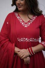 Red Cotton Embroidered Kurta Pant & Mulmul Dupatta