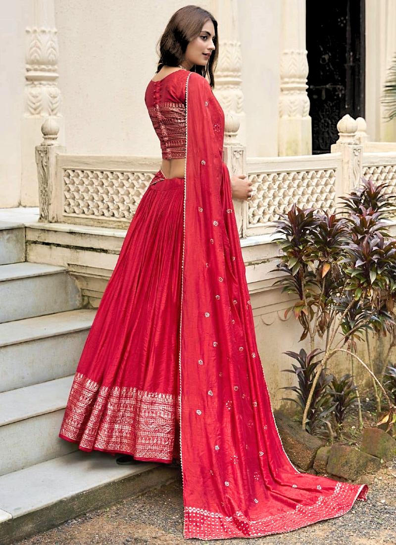 Red Chanderi Weaving Festival Wear Readymade Lehenga Choli