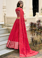 Red Chanderi Weaving Festival Wear Readymade Lehenga Choli
