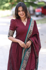 Maroon Handloom Gathered Kurta Set With Thread Weaving Of Peacock Motifs
