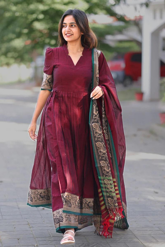 Maroon Handloom Gathered Kurta Set With Thread Weaving Of Peacock Motifs