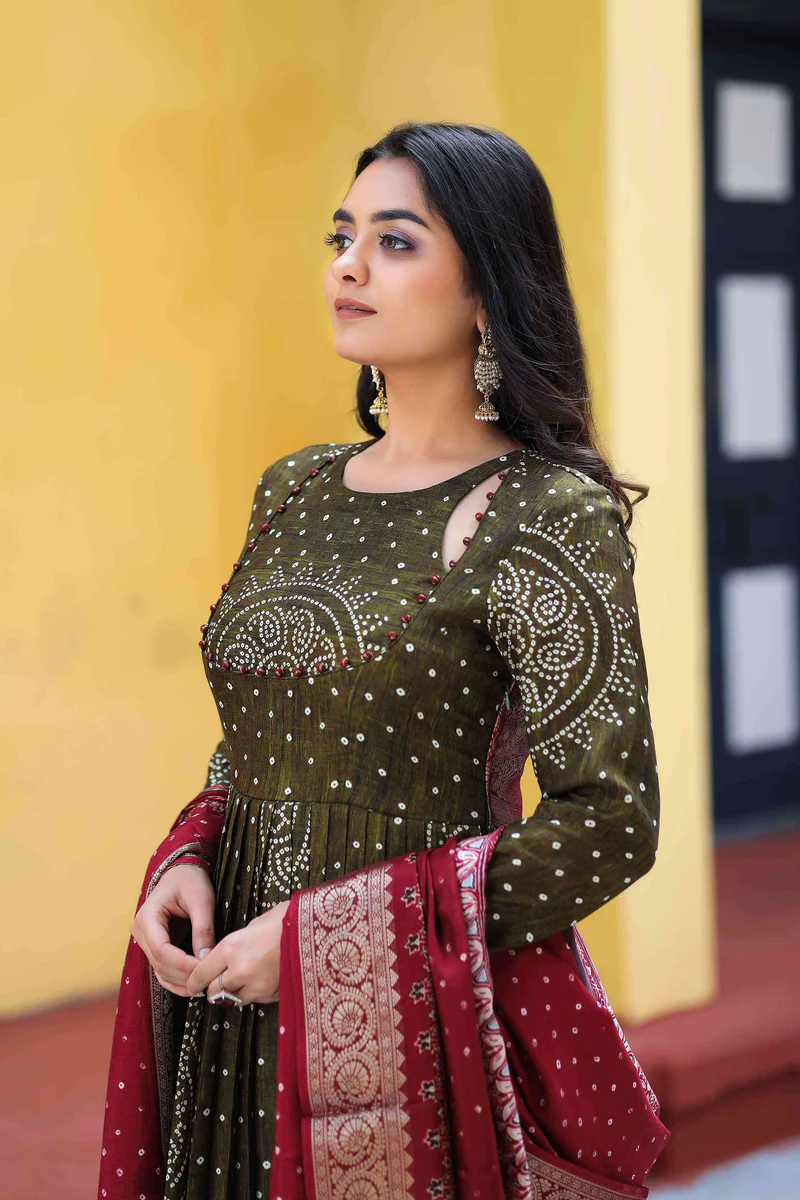 Bandhani Anarkali Suit Set In Dark Olive