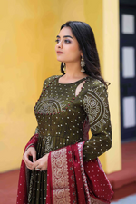 Bandhani Anarkali Suit Set In Dark Olive